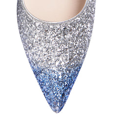 Women's Pointed Toe Flared Heels Sparkly Blue and Silver Glitter Pumps