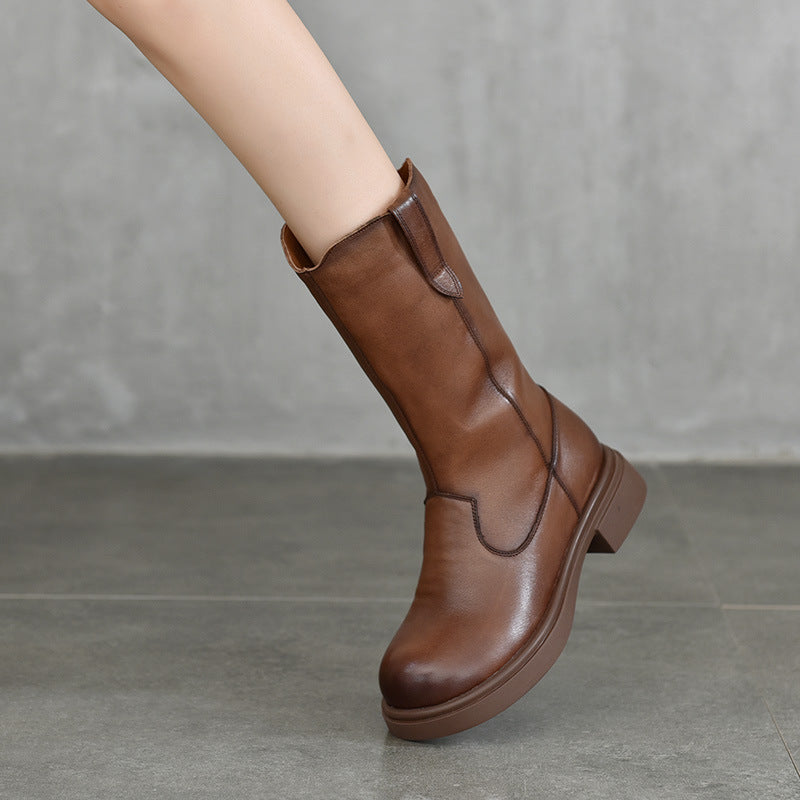 Classic Leather Side Zipper Knight Boots