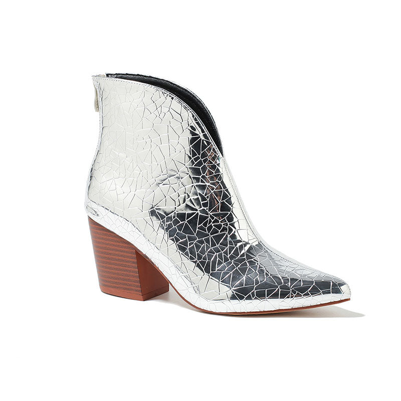 Metallic Sheen V Cut Pointed Toe Silver Chunky Heels Ankle Boots