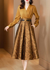 Classy Yellow V Neck Jacquard Tie Waist Patchwork Silk Dress Fall