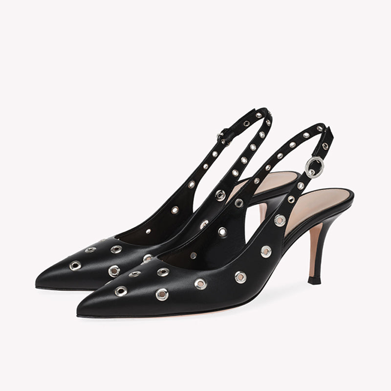 Black Pointed Toe Metal Holes Pump Elegant Slingback Kitten Heels