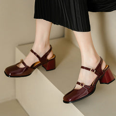 Patent Leather Straps Slingback Square Toe Chunky Heels