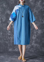 Art Blue Striped Patchwork Chinese Button Linen Dresses Summer