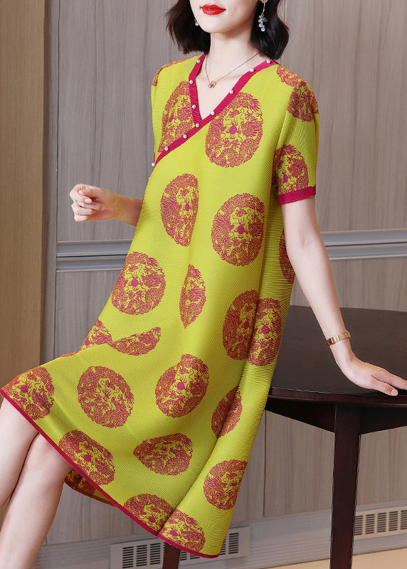 Loose Yellow V Neck Print Wrinkled Silk A Line Dresses Short Sleeve