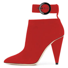 Red Ankle Strap Buckle Cone Heel Ankle Boots