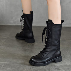 British Style Leather Velvet Strappy Mid-Heeled Long Boots