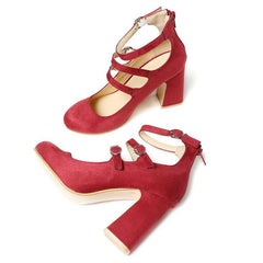 Classic Red Chunky Heels Women'S Round Toe Mary Jane Shoes Vintage Buckle Pumps