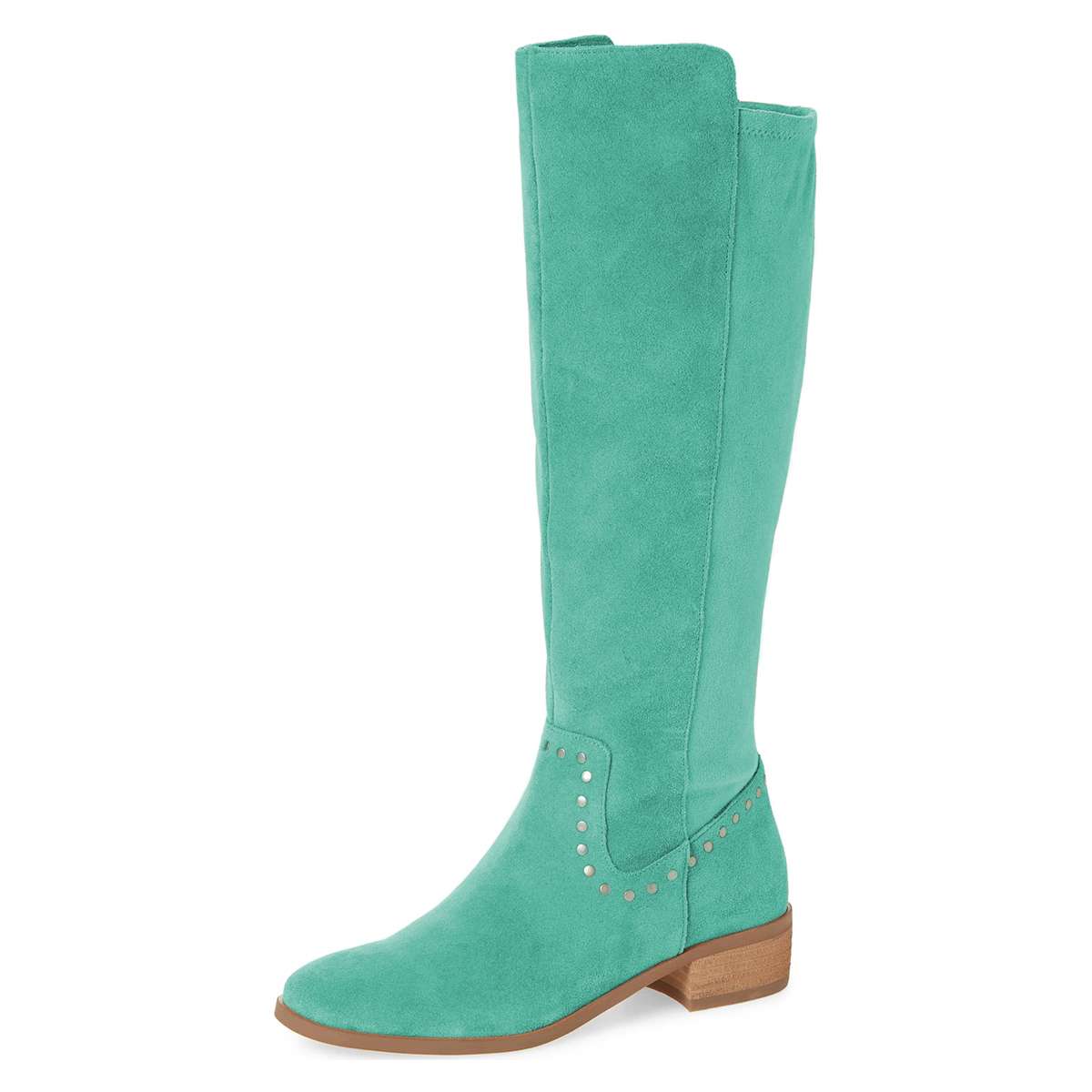 Cyan Vegan Suede Low Block Heel Studs Knee High Boots