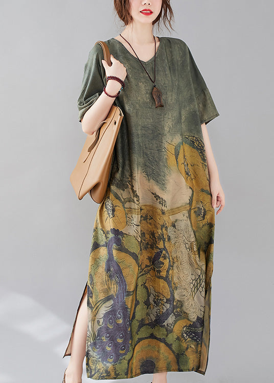 Bohemian Green O-Neck Print Side Open Long Dress Short Sleeve