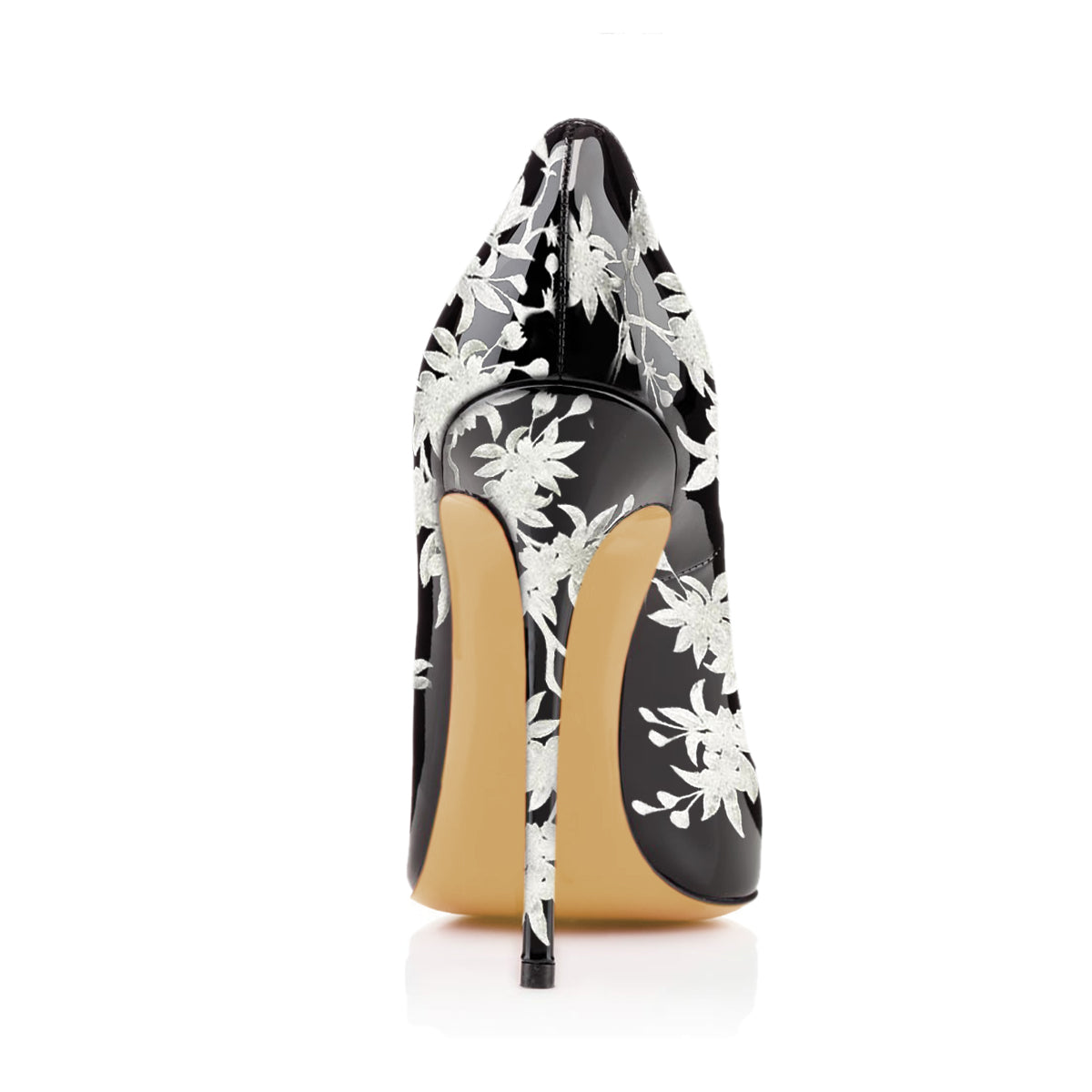 Black and White Floral Heels Patent Leather Pencil Heel Pumps