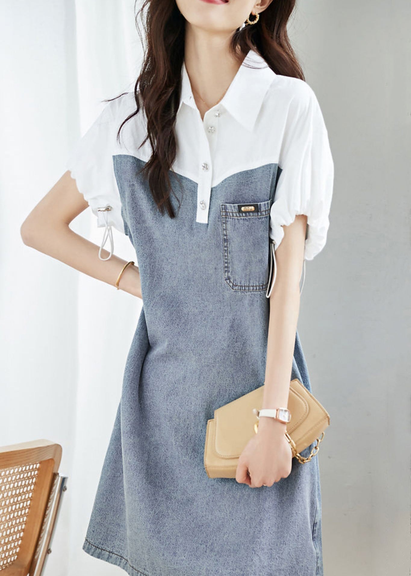 Art Blue Peter Pan Collar Drawstring Denim Patchwork Dress Summer