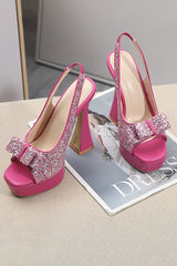 Rhinestone Bow Platform Square Toe Chunky Heels