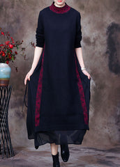 Women Purple black O-Neck side open tulle Patchwork Knit Dresses