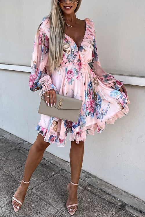 Ruffles Floral V Neck Long Sleeve Mini Dress