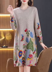 Loose Camel O Neck Side Open Wool Knit Dress Spring