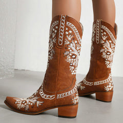 Boho Embroidery Stitching Studded V Groove High Boots