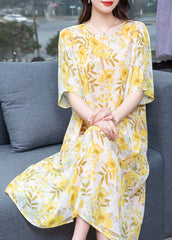 French Yellow O Neck Print Patchwork Chiffon Mid Dresses Summer