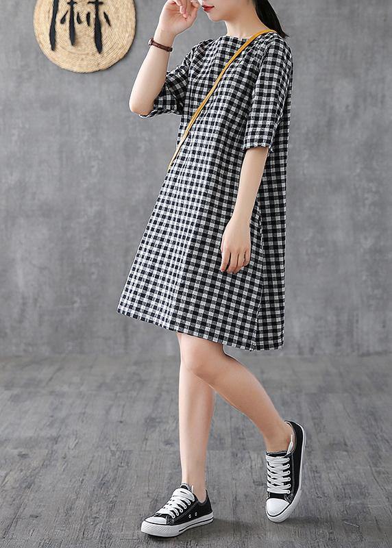 DIY o neck half sleeve cotton linen Wardrobes Outfits black plaid Dresses summer