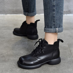 Vintage Leather Round Toe Lace-Up Boots