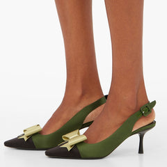 Olive Satin Pointy Toe Bow Slingback Pumps Kitten Heels Pumps