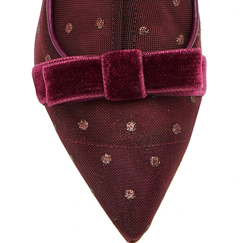 Maroon Mesh Dots Bow Kitten Heel Boots