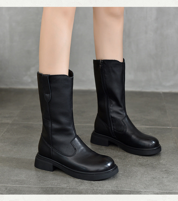 Classic Leather Side Zipper Knight Boots