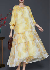 Women Yellow Ruffled Tie Dye Chiffon Maxi Dress Spring