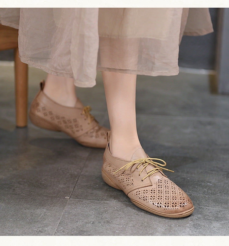 Literary Hollow Leather Flat Shoes