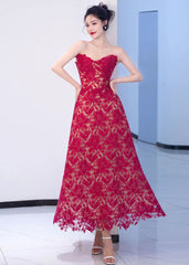 Italian Red Embroideried Hollow Out Lace Maxi Dresses Summer