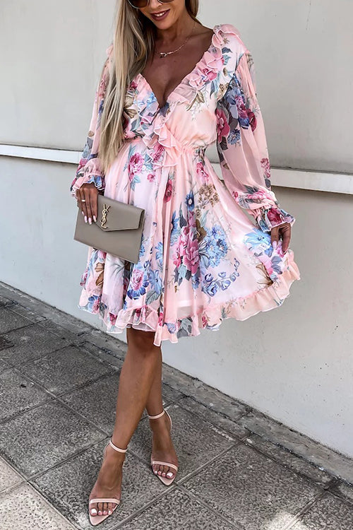 Ruffles Floral V Neck Long Sleeve Mini Dress