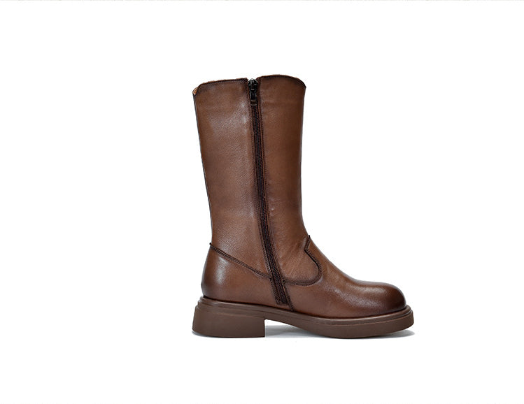 Classic Leather Side Zipper Knight Boots