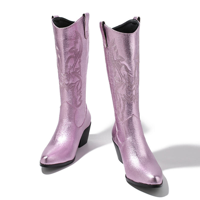 Shiny Sheen Pointed Toe Mid Calf Chunky Cowgirl Boots