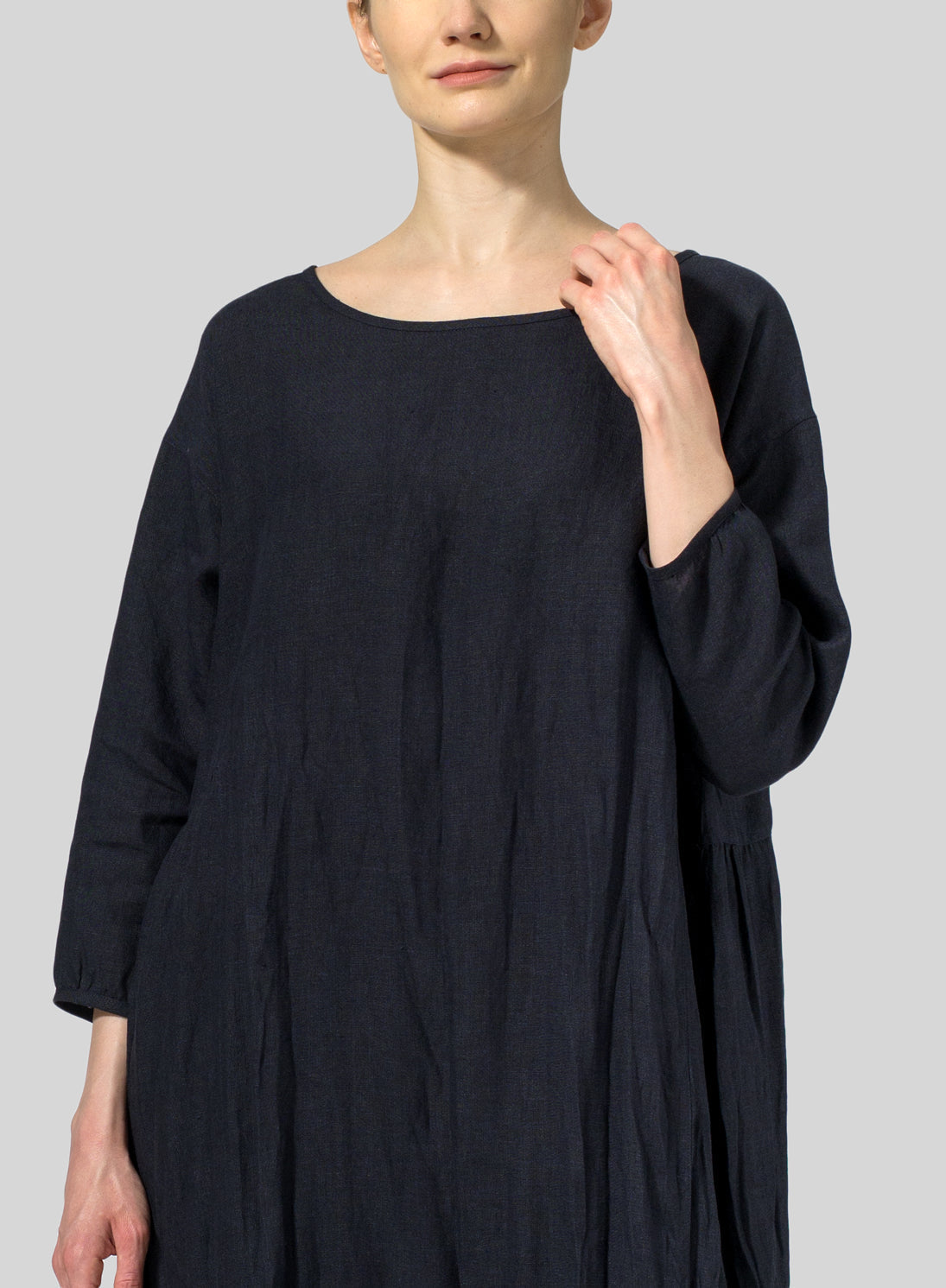 Womens Cotton Linen A-Line Round Neck Dress