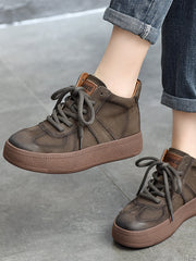 Classic Leather Lace-Up High Top Mid-heel Boots