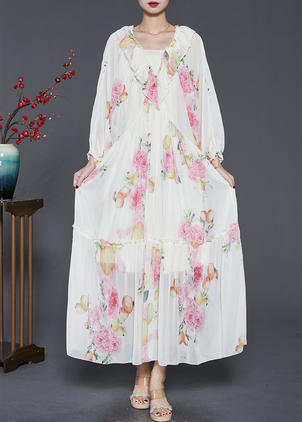 Bohemian Apricot Ruffled Print Chiffon Long Dresses Spring