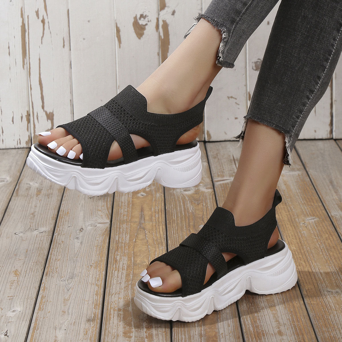 Knit Mesh Strap Open Toe Mid Heel Platform Casual Sandals