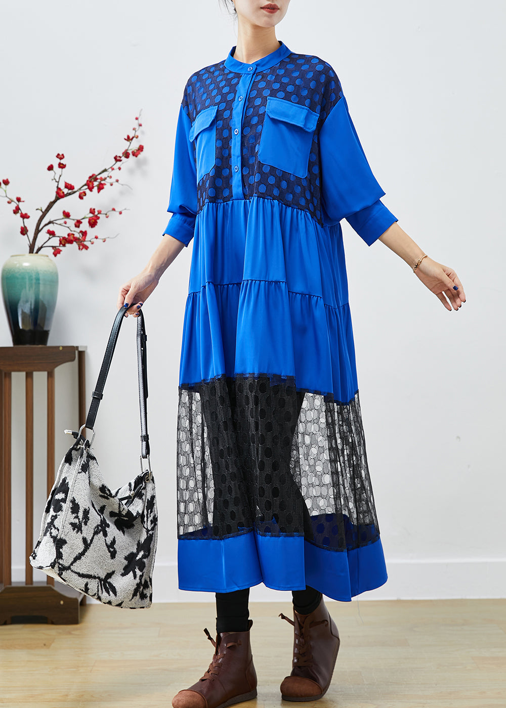 Elegant Blue Stand Collar Patchwork Lace Cotton Dress Fall