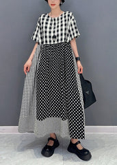 Style Grey Plaid Patchwork Dot Cotton A Line Dress Summer