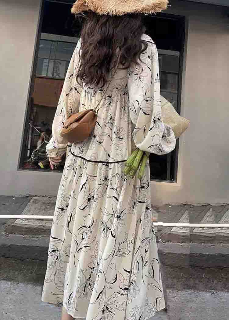 Chic White V Neck Print Wrinkled Patchwork Cotton Long Dresses Fall