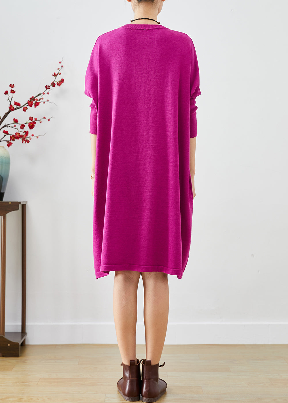 Boutique Purple V Neck Oversized Knit Dress Batwing Sleeve