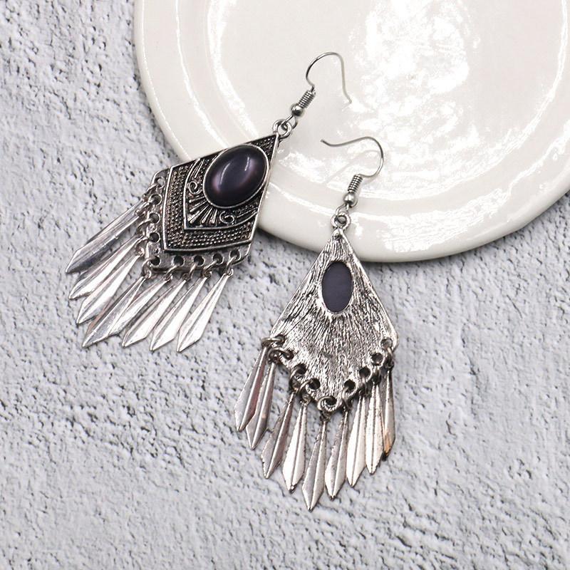 Vintage Rhombus Shaped Silver Tassel Earrings