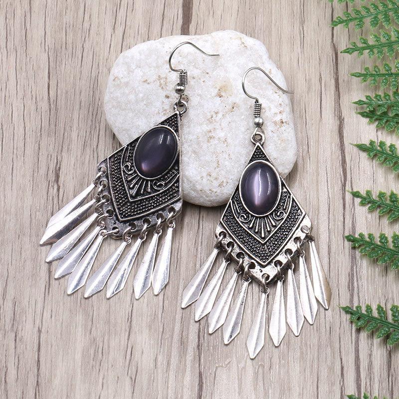 Vintage Rhombus Shaped Silver Tassel Earrings