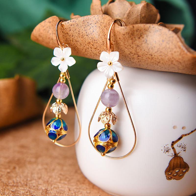 Women Retro Ethnic Shellfish Cloisonne Earrings