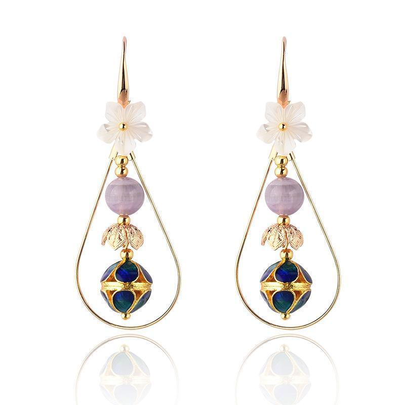 Women Retro Ethnic Shellfish Cloisonne Earrings