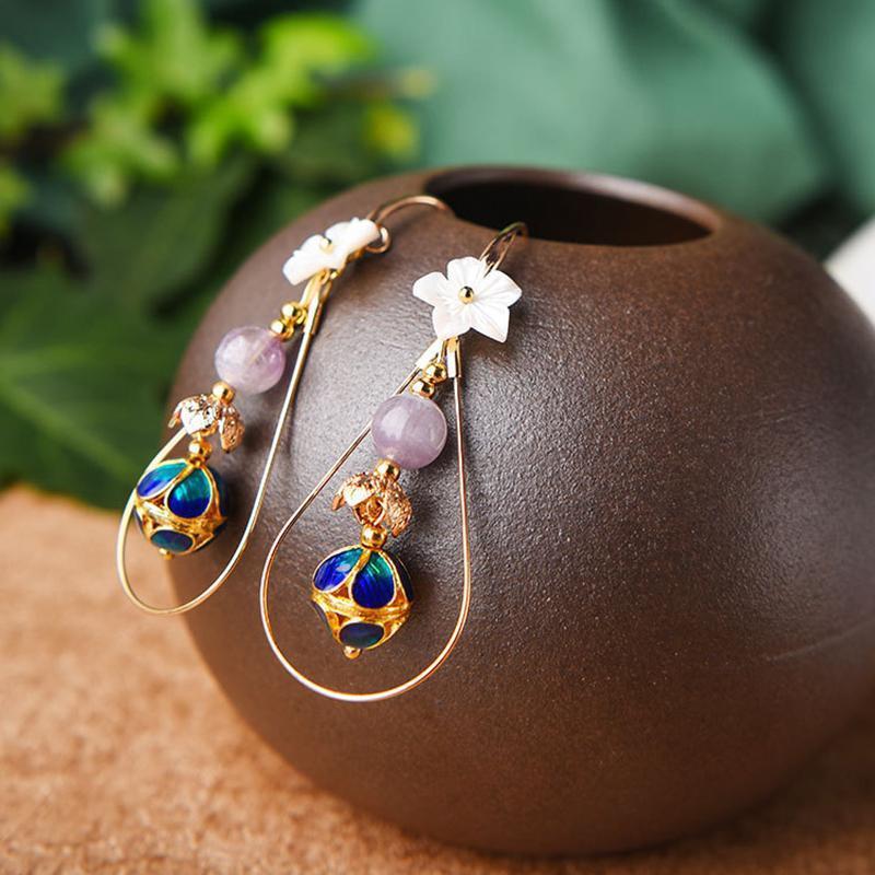 Women Retro Ethnic Shellfish Cloisonne Earrings