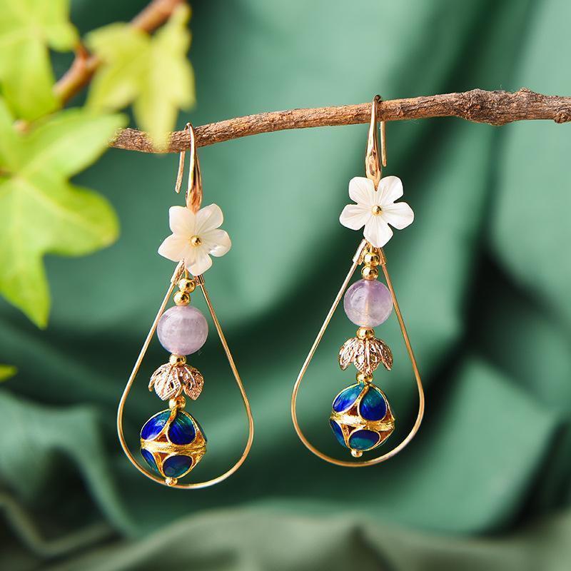 Women Retro Ethnic Shellfish Cloisonne Earrings