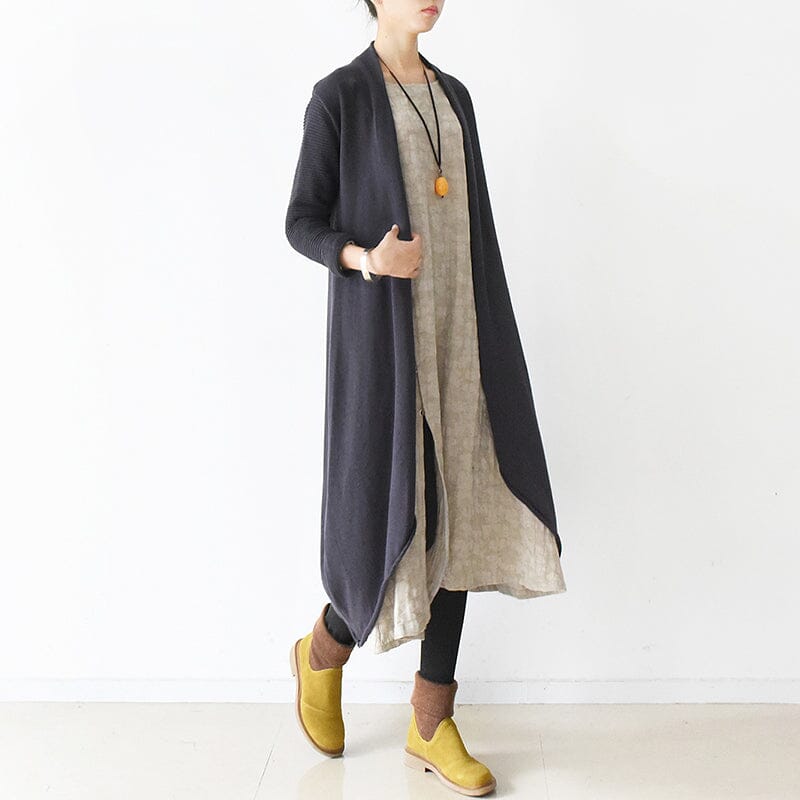 Women Retro Loose Solid Cotton Knitted Overcoat