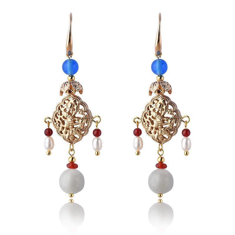 Women Retro Pearl Ethnic Diamond Earrings