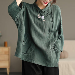 Women Spring Loose Retro Floral Embroidery Irregular Linen Blouse