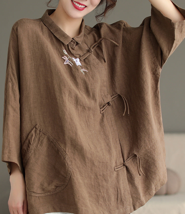 Women Spring Loose Retro Floral Embroidery Irregular Linen Blouse